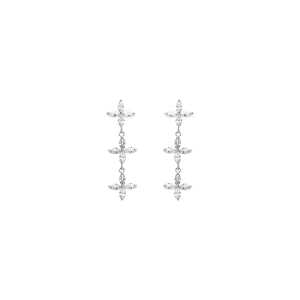 BOUCLES D'OREILLES TIGE ARGENT RHODIÉ PENDANTE 3 FLEURS OXYDES BLANCS