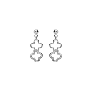 BOUCLES D'OREILLES TIGE ARGENT RHODIÉ PENDANTE DOUBLE FLEUR AVEC COYYDES BLANCS SERTIS