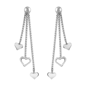 BOUCLES D'OREILLES TIGE ARGENT RHODIÉ 3 CHAINES COEURS A PLAT