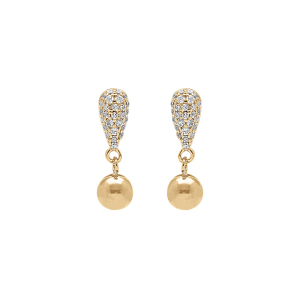 BOUCLES D'OREILLES ARGENT DORÉ GOUTTE PAVÉ OXYDES BLANCS ET BOULE LISSE