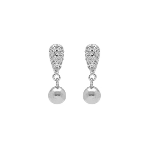 BOUCLES D'OREILLES ARGENT RHODIÉ GOUTTE PAVÉ OXYDES BLANCS ET BOULE LISSE