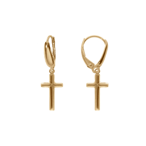 BOUCLES D'OREILLES DORMEUSE ARGENT DORÉ  PETITE CROIX PLATE 13MM