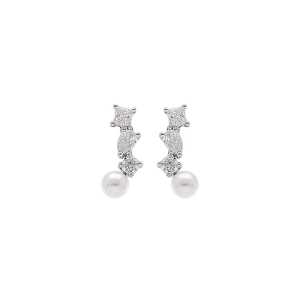 BOUCLES D'OREILLES ARGENT RHODIÉ PERLE DE CULTURE D'EAU DOUCE BLANCHE AVEC 3 OXYDES BLANCS