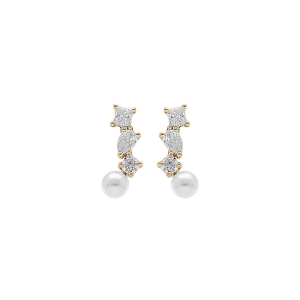 BOUCLES D'OREILLES ARGENT DORÉ PERLE DE CULTURE D'EAU DOUCE BLANCHE AVEC 3 OXYDES BLANCS