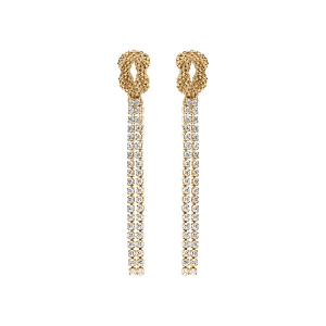 BOUCLES D'OREILLES TIGE ARGENT DORÉ PENDANTE 2 RANGS OXYDES BLANCS SERTIS AVEC NOEUD