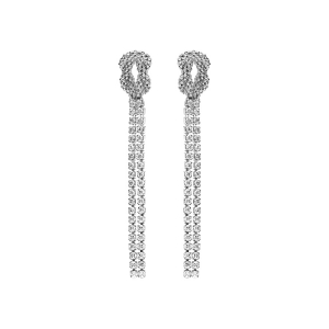 BOUCLES D'OREILLES TIGE ARGENT RHODIÉ PENDANTE 2 RANGS OXYDES BLANCS SERTIS AVEC NOEUD