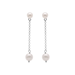 BOUCLES D'OREILLES TIGE ARGENT RHODIÉ PENDANTE 2 PERLES BLANCHES IMITATIONS