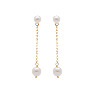 BOUCLES D'OREILLES TIGE ARGENT DORÉ PENDANTE 2 PERLES BLANCHES IMITATION