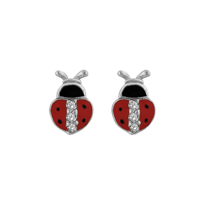 BOUCLES D'OREILLES TIGE ARGENT RHODIÉ COCCINELLE AVEC OXYDES SERTIS BLANCS