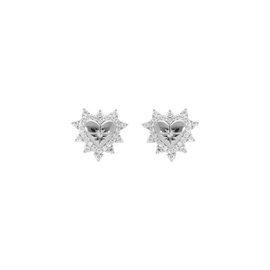 BOUCLES D'OREILLES TIGE ARGENT RHODIÉ COEUR AVEC ETOILE DU NORD CONTOUR OXYDES BLANCS SERTIS