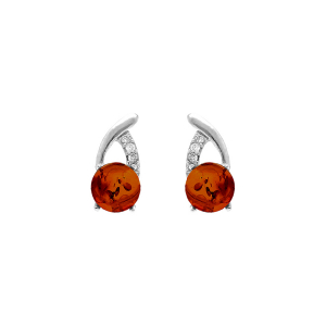 BOUCLES D'OREILLES TIGE ARGENT RHODIÉ ET AMBRE VÉRITABLE CROISÉE OXYDES BLANCS