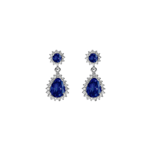 BOUCLES D'OREILLES TIGE ARGENT RHODIÉ PENDENTIF GOUTTE OXYDES BLEU ET CONTOUR OXYDES BLANCS SERTIS