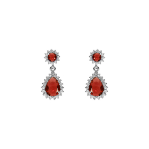 BOUCLES D'OREILLES TIGE ARGENT RHODIÉ PENDENTIF GOUTTE OXYDES ROUGE ET CONTOUR OXYDES BLANCS SERTIS