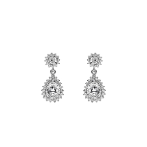 BOUCLES D'OREILLES TIGE ARGENT RHODIÉ PENDENTIF GOUTTE OXYDES BLANCS ET CONTOUR OXYDES BLANCS SERTIS