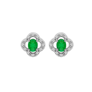 BOUCLES D'OREILLES TIGE ARGENT RHODIÉ FORME FLEUR EMERAUDE VÉRITABLE ET TOPAZES BLANCHES