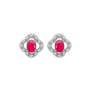 BOUCLES D'OREILLES TIGE ARGENT RHODIÉ FORME FLEUR RUBIS VÉRITABLE ET TOPAZES BLANCHES