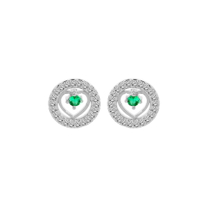 BOUCLES D'OREILLES TIGE ARGENT RHODIÉ COEUR EMERAUDE VÉRITABLE CONTOUR OXYDES BLANCS