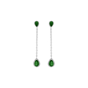 BOUCLES D'OREILLES TIGE ARGENT RHODIÉ PENDANTE GOUTTES OXYDE VERT CONTOUR OXYDES BLANCS