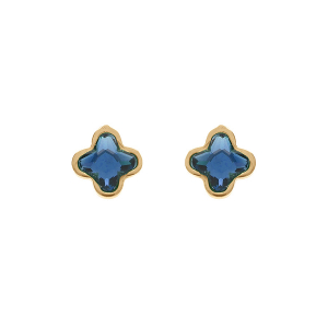 BOUCLES D'OREILLES TIGE ARGENT DORÉ TREFLE CRISTAL BLEU FONCÉ