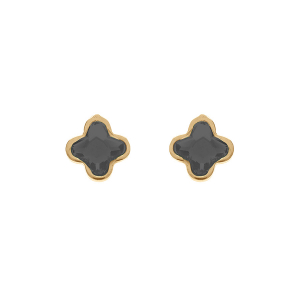 BOUCLES D'OREILLES TIGE ARGENT DORÉ TREFLE CRISTAL NOIR