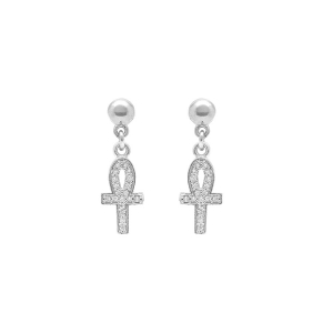 BOUCLES D'OREILLES TIGE ARGENT RHODIÉ PENDANTE CROIX OXYDES BLANCS 15MM X 0.7MM