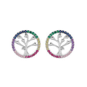 BOUCLES D'OREILLES TIGE ARGENT RHODIÉ ARBRE DE VIE CONTOUR OXYDES MULTICOULEURS