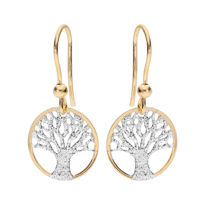 BOUCLES D'OREILLES CROCHET ARGENT ET DORURE JAUNE ARBRE DE VIE GRANITÉ 15MM