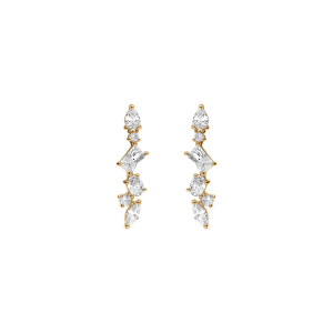 BOUCLES D'OREILLES TIGE ARGENT DORÉ PENDANTE 4 OXYDES BLANCS SERTIS
