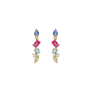 BOUCLES D'OREILLES TIGE ARGENT DORÉ PENDANTE 4 OXYDES MULTI COULEURS