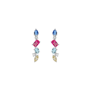 BOUCLES D'OREILLES TIGE ARGENT RHODIÉ PENDANTE 4 OXYDES MULTI COULEURS