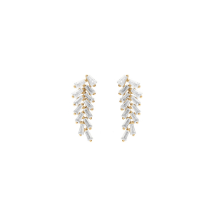 BOUCLES D'OREILLES TIGE ARGENT DORÉ PENDANTES FEUILLAGE NAVETTES OXYDES BLANCS SERTIS
