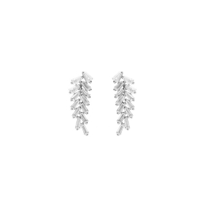BOUCLES D'OREILLES TIGE ARGENT RHODIÉ PENDANTES FEUILLAGE NAVETTES OXYDES BLANCS SERTIS