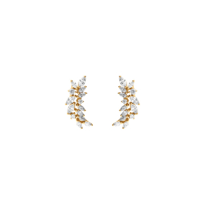 BOUCLES D'OREILLES TIGE ARGENT DORÉ PENDANTES FEUILLAGE OXYDES BLANCS SERTIS