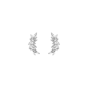 BOUCLES D'OREILLES TIGE ARGENT RHODIÉ PENDANTES FEUILLAGE OXYDES BLANCS SERTIS