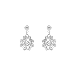 BOUCLES D'OREILLES TIGE ARGENT RHODIÉ PENDANTE FLEUR FILIGRANE OXYDES BLANCS SERTIS
