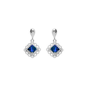 BOUCLES D'OREILLES TIGE PENDANTE ARGENT RHODIÉ CARRÉ OXYDE BLEU CONTOUR OXYDES BLANCS SERTIS ET DENTELÉ