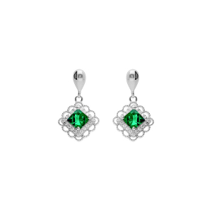 BOUCLES D'OREILLES TIGE PENDANTE ARGENT RHODIÉ CARRÉ OXYDE VERT CONTOUR OXYDES BLANCS SERTIS ET DENTELÉ