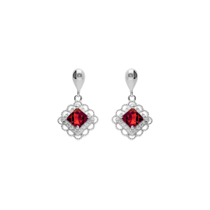 BOUCLES D'OREILLES TIGE PENDANTE ARGENT RHODIÉ CARRÉ OXYDE ROUGE CONTOUR OXYDES BLANCS SERTIS ET DENTELÉ