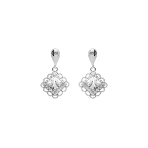 BOUCLES D'OREILLES TIGE PENDANTE ARGENT RHODIÉ CARRÉ OXYDE BLANC SERTI CONTOUR DENTELÉ