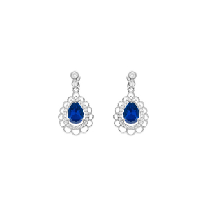 BOUCLES D'OREILLES TIGE ARGENT RHODIÉ GOUTTE OXYDE BLEU SERTI ET CONTOUR OXYDES BLANCS ET DENTELLÉ