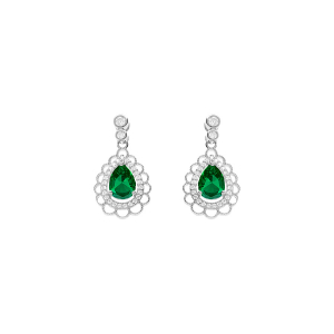 BOUCLES D'OREILLES TIGE ARGENT RHODIÉ GOUTTE OXYDE VERT SERTI ET CONTOUR OXYDES BLANCS ET DENTELLÉ