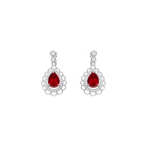 BOUCLES D'OREILLES TIGE ARGENT RHODIÉ GOUTTE OXYDE ROUGE SERTI ET CONTOUR OXYDES BLANCS ET DENTELLÉ