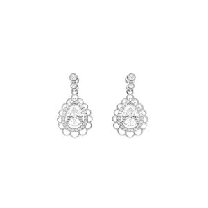 BOUCLES D'OREILLES TIGE ARGENT RHODIÉ GOUTTE OXYDES BLANCS SERTIS CONTOUR DENTELLÉ