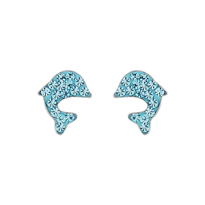 BOUCLES D'OREILLES TIGE ARGENT RHODIÉ DAUPHIN RÉSINE ET SRASS BLEU CIEL