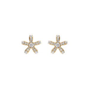 BOUCLES D'OREILLES TIGE ARGENT DORÉ FLEUR OXYDES BLANCS SERTIS