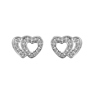 BOUCLES D'OREILLES TIGE ARGENT RHODIÉ DOUBLE COEUR AJOURE CONTOUR PIERRES BLANCHES SYNTHETIQUE