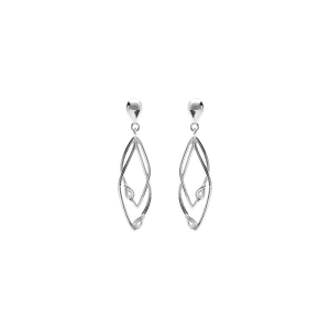 BOUCLES D'OREILLES TIGE  ARGENT RHODIÉ 2 LOSANGES ENTRELACÉS OXYDES BLANCS SERTIS