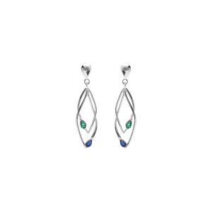BOUCLES D'OREILLES TIGE  ARGENT RHODIÉ 2 LOSANGES ENTRELACÉS OXYDES BLEU ET VERT SERTI