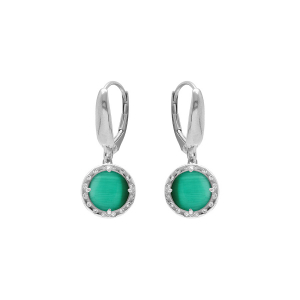 BOUCLES D'OREILLES DORMEUSE ARGENT RHODIÉ CABOCHON VERT FONCÉ