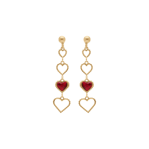 BOUCLES D'OREILLES TIGE ARGENT DORÉ PENDANTE COEURS AJOURÉ ET OXYDE ROUGE